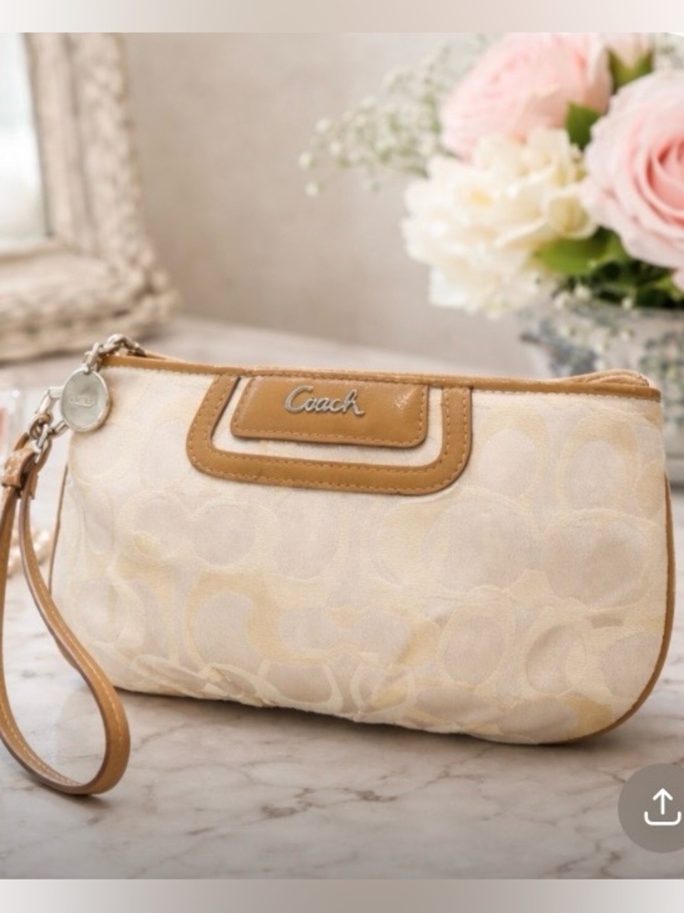 Coach Signature C Wristlet Beige Tan Jacquard Canvas Leather Trim Organizer Zip